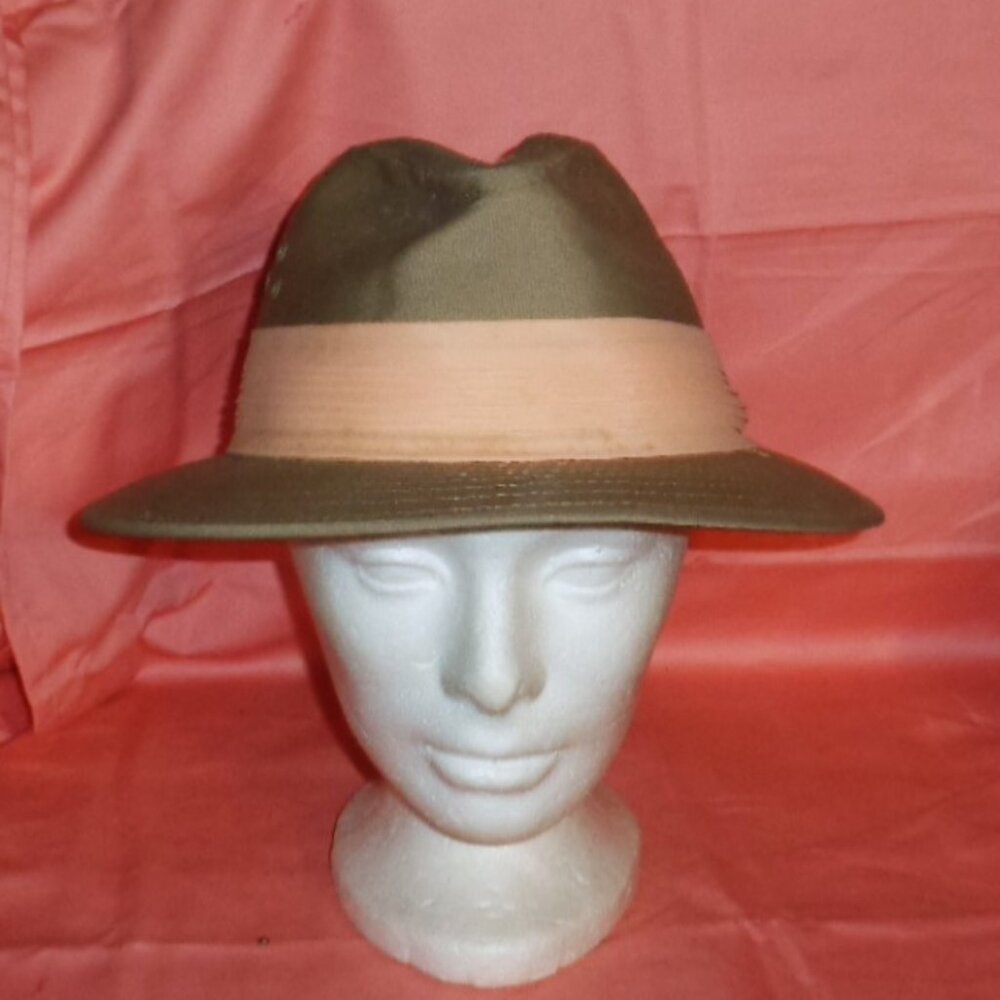 VINTAGE ORIGINAL DORFMAN TAN CANVAS FADORA W/PEACH HAT BAND-SZ 7 MEDIUM/LARGE